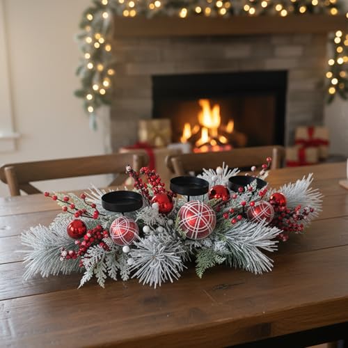 Christmas Candle Holder Centerpiece with Red Ornaments & Berries, Frosted Pine Branches with Candle Tray, Winter Holiday Table Decoration for Dining Room or Mantel Display