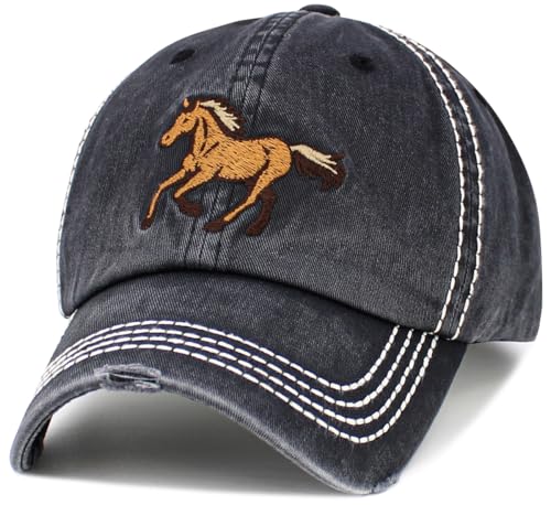 Bless Rodeo Country Horse Derby Womens Baseball Cap Distressed Vintage Unconstructed Embroidered Patch Hat - color: Black Horse Vintage Ballcap
