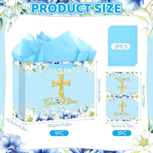 Blue God Bless Gift Bag with Gold Cross, Religious Gift Bag Set with Light Blue Tissue Paper & Greeting Card - Elegant First Holy Communion, Baptism, Christening, Confirmation Present Bag - 11.8 x 9.4 x 5.3 Inches (Blue) - color: Blue