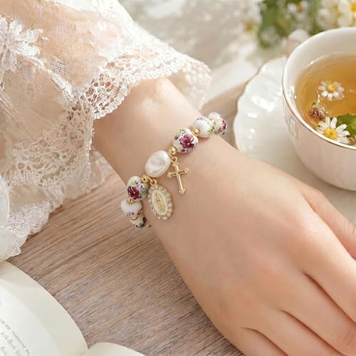 Virgin Mary Cross Bracelet with Miraculous Medal & Crucifix Charm - color: purple2