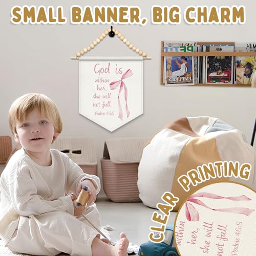 FLVGE Coquette Pink Bow Christian Wall Art Decor, God Is Within Her She Will Not Fall Canvas Banner, Boho Wood Beads Bible Verses Bow Wall Art Decor Hanging Pennant Flag for Dorm,11x14 - color: 01-Pink Bible(01)