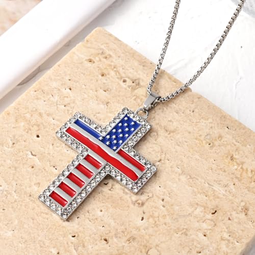 American Flag Cross Pendant Necklace, Silver-Tone, Stars and Stripes, Patriotic Religious Jewelry,for a gift box - color: Silver1