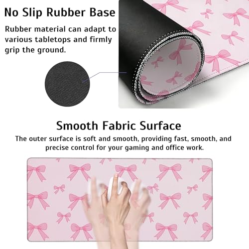 Large Gaming Mouse Pad Pink Bow Desk Mat,Non-Slip Rubber Base Stitched Edges,Extended Mousepad for PC,Laptop,Office,Home Decor(31.5 x 11.8 Inch) - color: Pink Bow, size: 31.5L x 11.8W inches