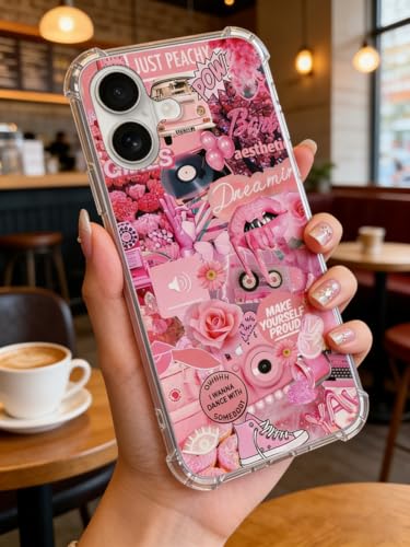 Pink Aesthetic Collage Case Compatible with iPhone 16, Retro Vintage Pink Case for iPhone 16, Unique Trendy Design TPU Bumper Cover Case - color: Pink Aesthetic Collage