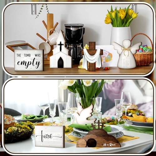Tujoe 8 Pcs Easter Tiered Tray Decor Set Religious Christian Easter Wooden Table Decorations Sign He is Risen Cross Empty Tomb Centerpieces for Kitchen Home Party Holiday