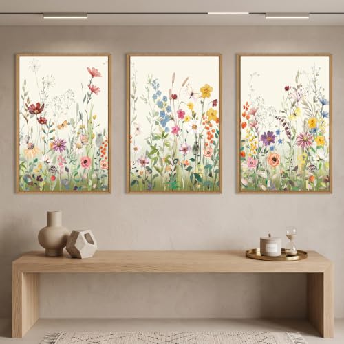 Aryroi Watercolor Colorful Wildflower Framed Canvas Wall Art Set- 16"x24"x3 - color: Pink Green Floral Wall Art, size: 16"L x 24"W