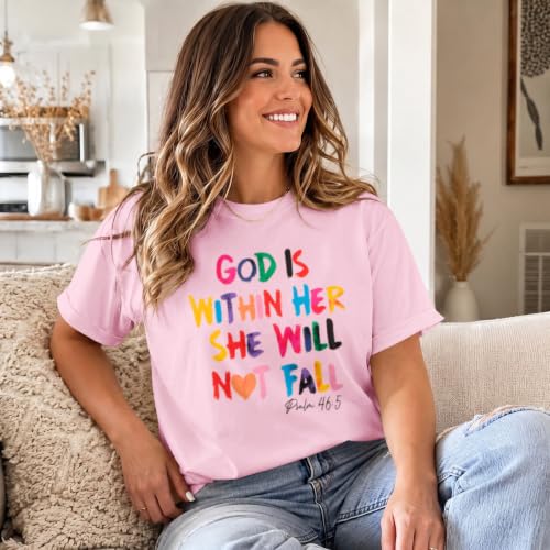 Sulayesh Christian Shirts for Women Jesus God is Within Her Tshirt Faith Inspirational Bible Verse Religious Graphic Tee Tops - color: Pink, size: Large