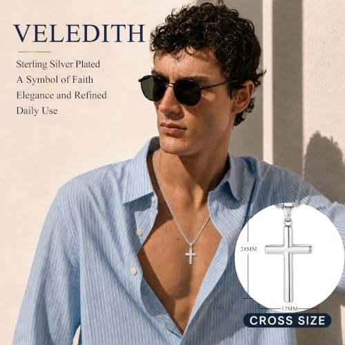 925 Sterling Silver Cross Necklaces for Mens Women CZ Beveled Edge - color: Classic Medium silver cross