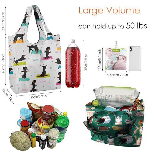 BeeGreen Reusable Shopping Bags Cute Grocery Bag 6 Pack, Reusable Gift Bags Heavy-Duty Foldable Shopping Totes for Supermarket, Work & Travel, Large Washable Polyester Tote Bag with Handles - color: Military green, orange, teal, rose red, purple, gray