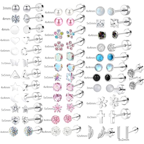 Stainless Steel Stud Earring 1 Pair Silvery Flatback Earrings Hypoallergenic Screwback Jewellery Flat Back Helix Jewelry for Sensitive Ears Women Ladies Aretes De Mujer - style: Opal
