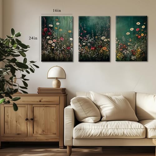 CXQILVER Vintage Wildflower Canvas Wall Art Set of 3, Moody Dark Green Botanical Floral Wall Decor Rustic Farmhouse Flower Landscape Posters Prints Pictures for Living Room Bedroom 16x24 Inch Framed - color: Green flowers, size: 24"L x 16"W