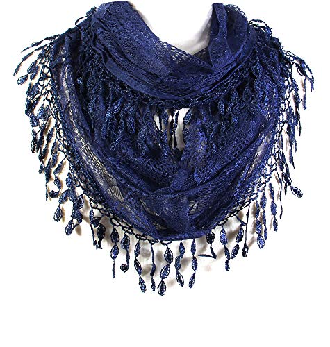 Scarf& Feminine Lace Infinity with Teardrop Fringes - color: Dark Blue