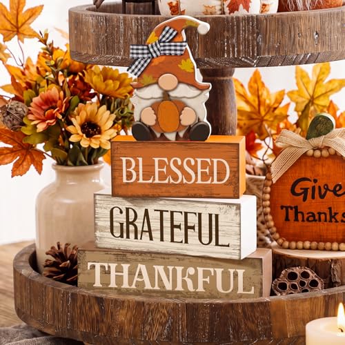 Lineshading 4 Pcs Fall Gnome Block Signs Thanksgiving Tiered Tray Decor - style: Blessed Gnome