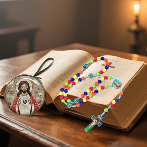 Rosary Beads Rosarios Catolicos, Colorful Plastic with Blue and Red Pendant Crosses, Pocket for Women with Rosary Box, Baptism Easter Gifts - color: Blue, style: E