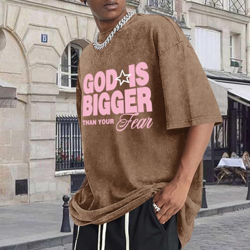 Oversized Christian Shirts for Men Vintage Faith Acid Wash Tshirts God is Bigger Graphic Tees Religious Bible Shirt - color: Coffee, size: Medium