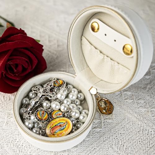 8mm Glass Pearl Catholic Rosary Necklace - Our Lady of Guadalupe Rosary Beads with Prayer Box, First Communion & Baptism Gift for Women and Men (La Rosa de Guadalupe) - color: white