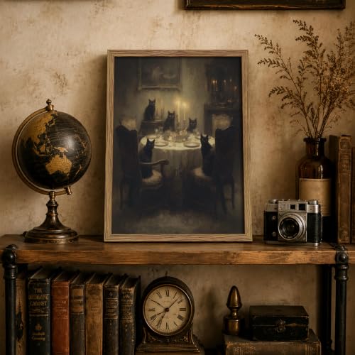 Framed Black Cat Wall Art, Gothic Dark Academia Animal Canvas Wall Decor Painting, Vintage Moody Cat Dinner Artwork Poster Print Picture for Dining Room Living Room Halloween Decor 12x16 Inch - color: Dark Black Cat, size: 16"L x 12"W