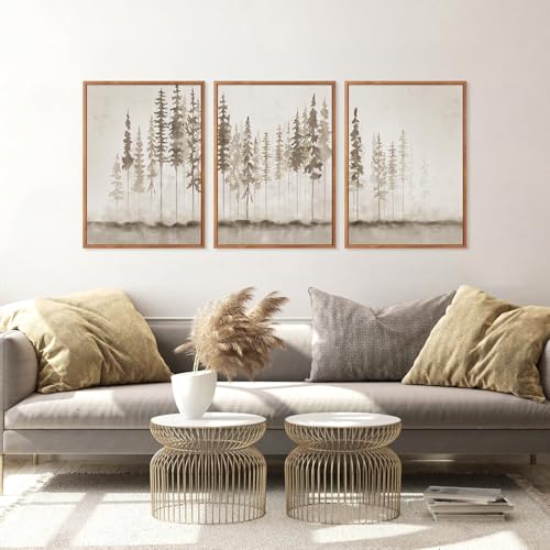 HPINUB Large Misty Forest Framed Canvas Wall Art Set, (Set of 3,12X16 Inch) Modern Foggy Pine Tree Wall Decor, Nature Landscape Wall Painting, Abstract Foggy Forest Art Print for Living Room, Office - color: Misty Forest Wall Art