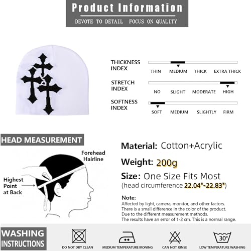 Fashion Knit Beanie with Cross Pattern Y2K Unisex Soft Jacquard Cap Popular Hip-Hop Cool Street Outdoor Sports Earflap Hat - color: White