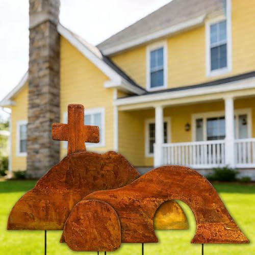 Easter Yard Sign Metal Religious Christian Outdoor Decorations Empty Tomb Easter Scene with Cross Jesus Resurrection Easter Lawn Decorations Garden Patio Porch Church Decor