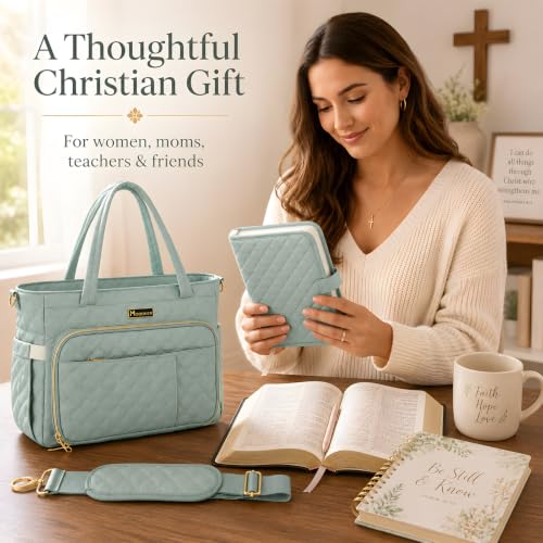 Large Bible Bag with Cover for Women, Quilted Church Tote, Sage Green