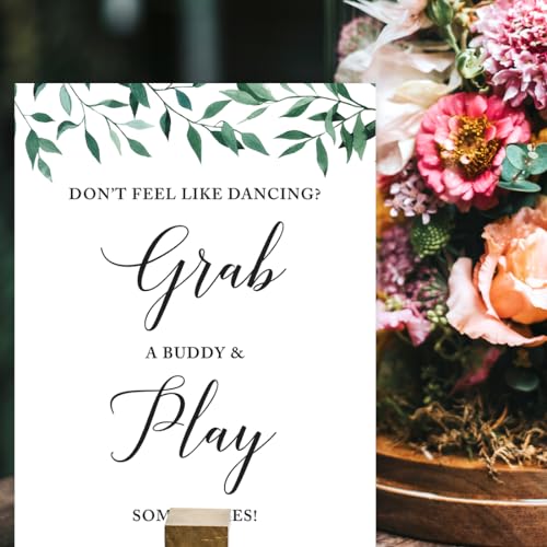 Andaz Press Wedding Party Signs, Natural Greenery Green Leaves, 8.5x11-inch, Don't Feel Like Dancing? Grab a Buddy and Play Some Games!, 1-Pack - color: Activities Games