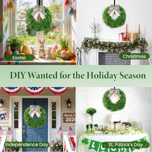 24 inch Boxwood Wreaths for Front Door with Burlap Bow and Hook