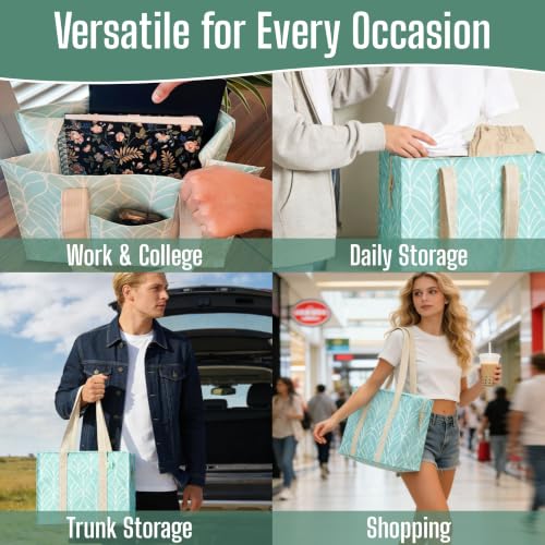 VENO 4 Pack Utility Tote Reusable Grocery Bags with Zipper & Hard Bottom - color: Evergreen, size: 4 Pack