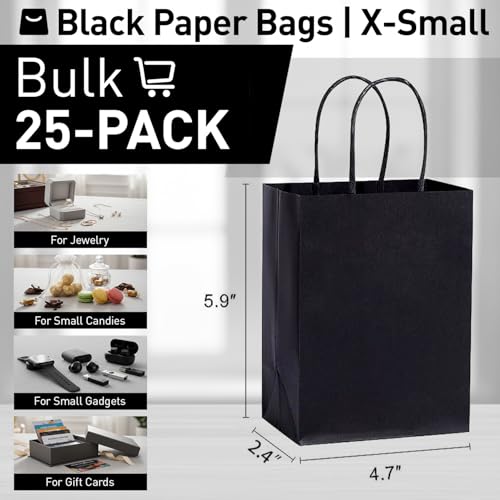 SUNCOLOR 25 Pieces Small Black Gift Bags with Handles, 6" Mini Goodie Bags for Party Favors, Treats, and Wedding Favors - color: Black