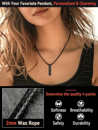 FaithHeart Braided Leather Necklace Cord with Stainless Steel Snap Clasp - color: 02. Black 2MM Width-Black Clasp, size: Length 22 Inches