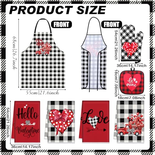 Newcotte 12 Pcs Valentine‘s Day Cooking Gift Sets for Couples Mr and Mrs Valentines Chef Apron Lovely Kitchen Towels Plaid Oven Mitt and Pot Holders Kitchen Accessories for Valentine‘s Day Gifts