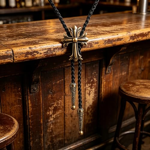 Fashionable Cross Bolo Tie Multi-Color Cross Shield Necktie - color: Retro Gold-style 2
