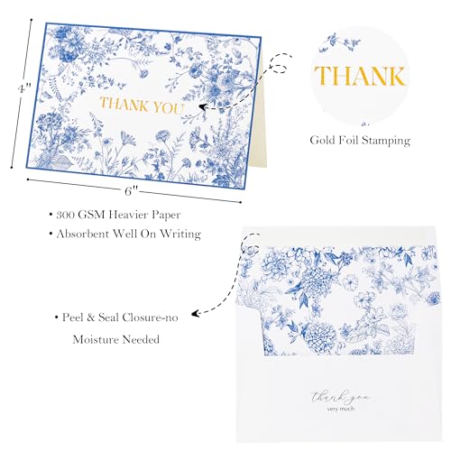 Crisky Vintage Blue Floral Gold Foil Thank You Cards with Envelopes - color: Blue Floral, size: 50 Pack