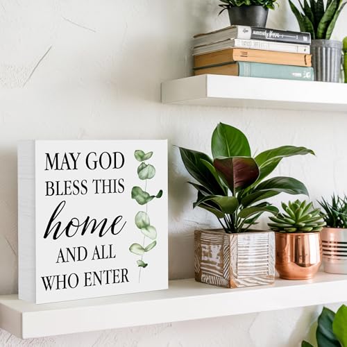 May God Bless This Home - Christian Wooden Box Signs, Home Decor Family Sign for Desk Shelf Tabletop, Religious Decorations for Entryway Living Room, Easter Gifts for Women, 5x5 Inch - color: Multicolor