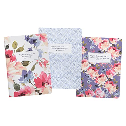 Christian Art Gifts Notebook Set: The Lord Bless You - Num. 6:24, Gifts for Women, Slim Notebooks, Cardstock, Bible Verse, Flexible Cover, Lined Paper, 64 Pages Each, Floral, Pink/Purple, Set/3 Large