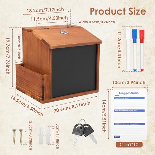 Wood Suggestion Box with Slot and Lock, Donation Tip Money Drop Boxes For Fundraising,Ballot Comment Prayer Box, Countertop Wall Mounted with Chalkboard and 10 Suggestion Cards for Church,Wedding
