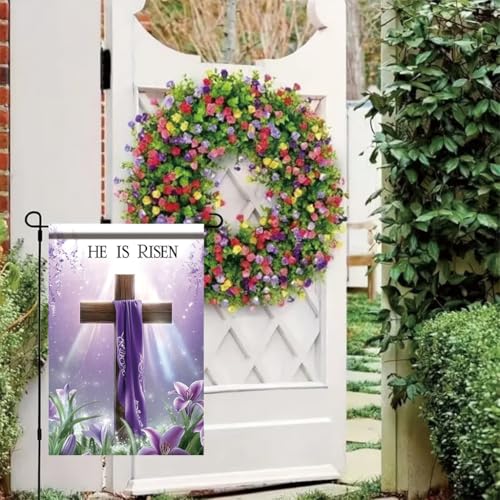 He Is Risen Easter Garden Flag 12x18 Inch Christian Cross with Lilies Religious Spring Outdoor Yard Banner for Resurrection Day - color: Easter Cross Risen #3