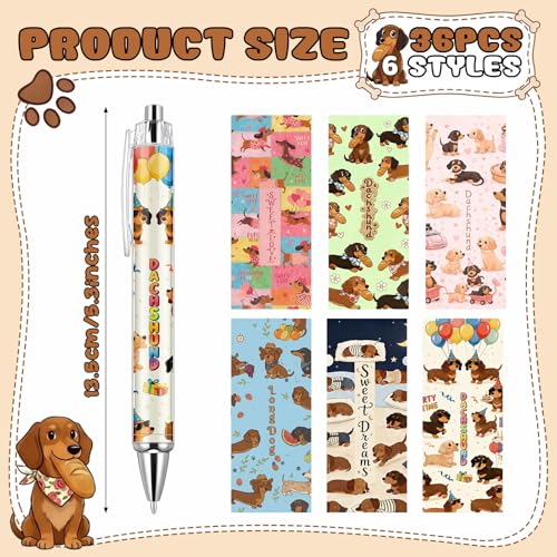 Sayglossy 36 Pcs Dachshund Ballpoint Pens for Women Gifts Bulk, Retractable Black Ink Pens with 6 Cute Dog Patterns, 1.0mm Smooth Writing for Office Desk Supplies, Fancy Gift Giving Dog Lover - style: Dachshund