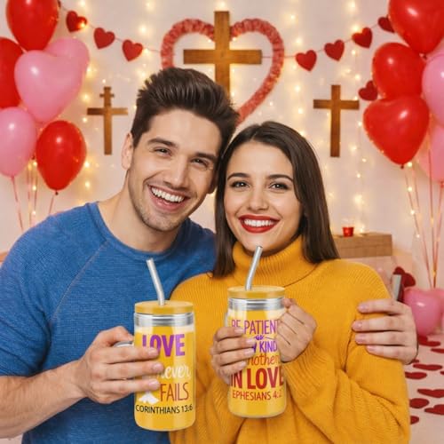 Fulmoon 6 Pcs Christian Drinking Glasses with Lids and Straws 16oz Jesus Religious Cup Christian Bible Decoration Glasses Set for Birthday Party Gift (Valentine) - style: Valentine
