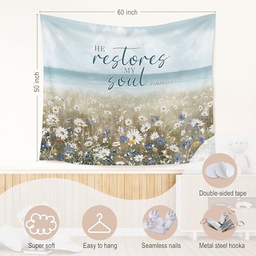WARDOS Coastal Christian Tapestry, He Restores My Soul Bible Verse Tapestry Wall Hanging, Daisy Flower Field Religious Scripture Wall Blanket Decor for Home Beach Bedroom Cabin, 50x60 Inch - color: flower seven
