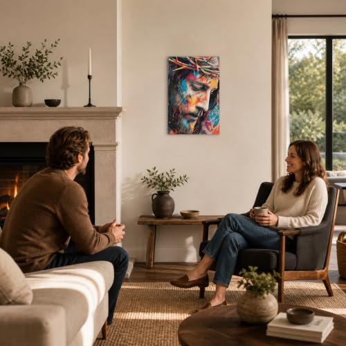 Jesus Wall Art Crown of Thorns Christian Home Decor with Built-in Wooden Frame - Jesus Pictures for Wall & Religious Pictures Graffiti Art for Living Room & Bedroom - Lightweight & Easy Hanging, 12x18 Inches - color: Art-43, size: 18"L x 12"W