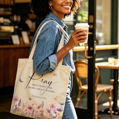 Christian Bible Tote Bag for Women Shopping Work Church with Inner Pocket - color: Beige 03