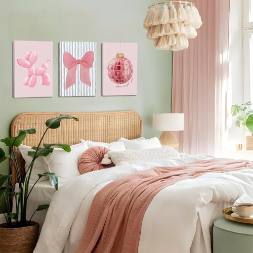 Trendy Preppy Set Of 3,Posters Abstract Pink Balloon Dog Bow Disco Ball Canvas Wall Art How Lucky Are We Inspirational Quotes Prints Painting For Home Decor Bedroom Dorm Wall Decor 12x16in Framed - color: Pink Balloon Dog canvas, size: 16"L x 12"W