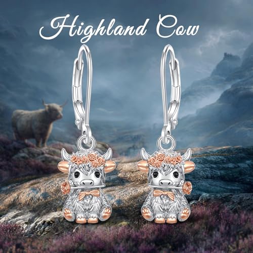 Vito Moonstone Turquoise Drop Earrings for Women, 925 Sterling Silver Hooks - style: Highland Cow