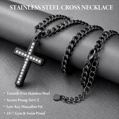 Cross Necklace for Men, Cuban Chain with Cubic Zirconia Pendant - color: BLACK