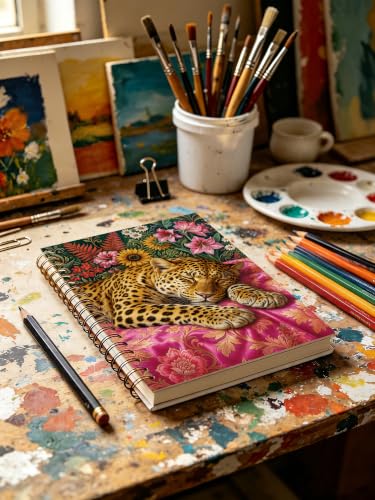 Sleeping Leopard Floral Spiral Notebook Animal Lover Gift 5.5x8.3 in - color: Sleeping Leopard
