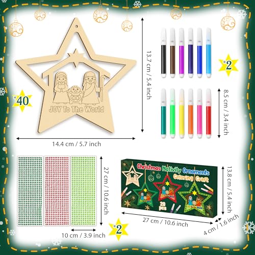 BeYumi Christmas Wooden Star Craft - 20Pcs DIY Wooden Star Ornaments Craft Kit for Kids Make Your Own Nativity Stars Christian Religious Xmas Craft with Gem Sticker Church Party Decoration Supplies - style: Star