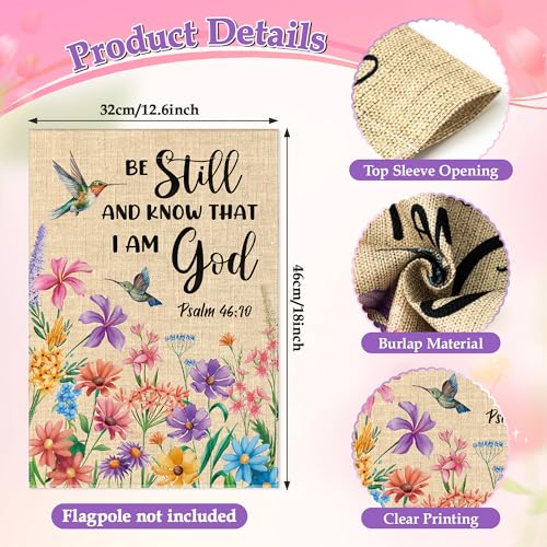 WATINC Christian Hummingbird Flower Garden Flag - 12 x 18 Inch Linen Religious Be Still and Know That I am God Yard Flag for Outside, Spring Summer Double Sided House Outdoor Decor for Porch Lawn