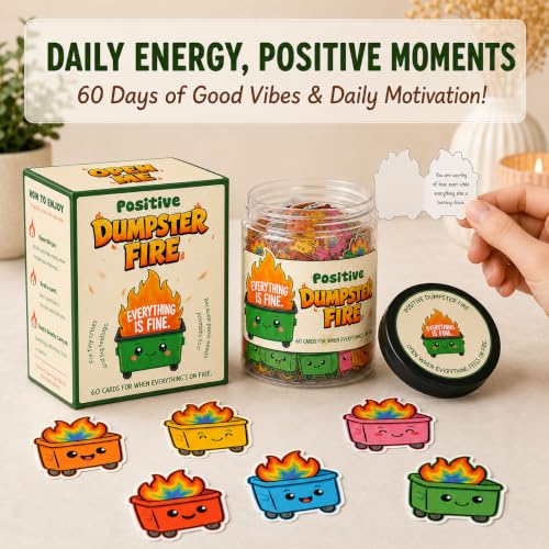 Positive Dumpster Fire Jar, 60 Funny Coworker Gift Affirmation Cards - color: Positive Dumpster