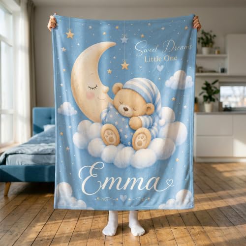 Personalized Baby Blanket With Name, Custom Baby Blankets Gift for Boy Girl - color: Cloud Blue, size: Bear